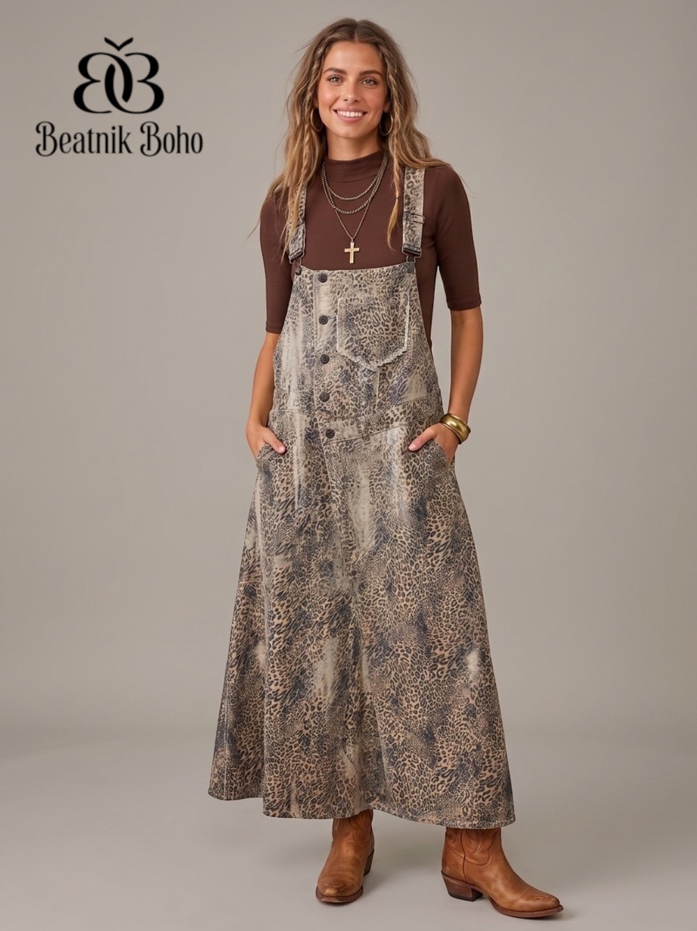 POL Brown Leopard Print Denim Maxi Skirtall Overall Dress | Western Boho
